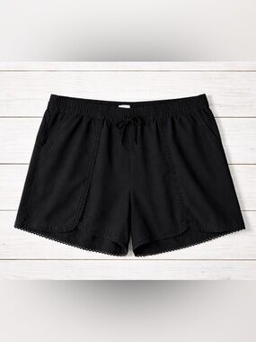 Susina Pull On Shorts Womens 2X Linen Blend Lace Hem Black Breezy Elastic Waist